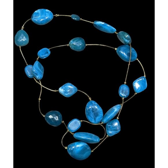 Swirly Blue Faux Stone Station Necklace On Gold Tone Chain - Picture 1 of 5
